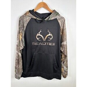 Realtree Men’s Large Camo Black Hoodie Spellout Antler Logo Hunting Lined